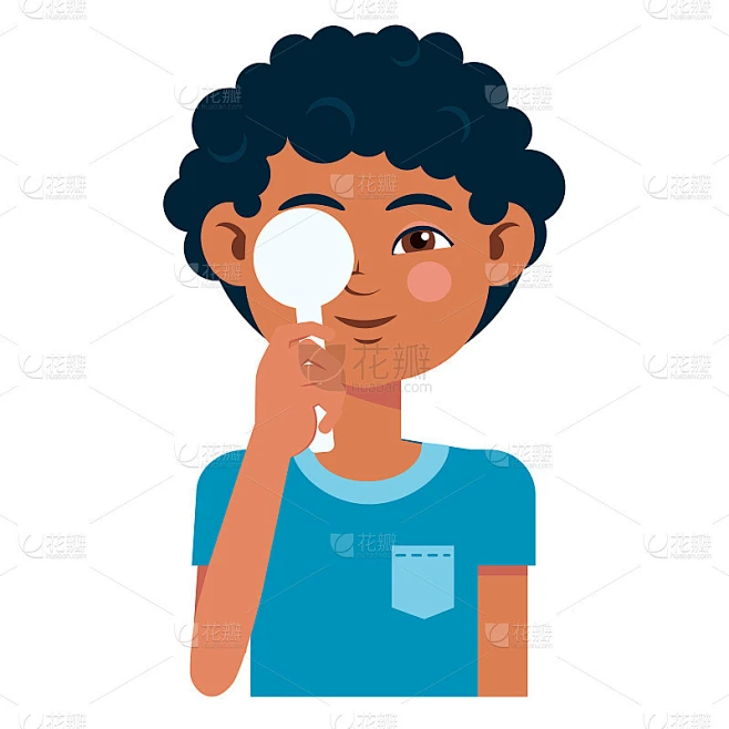 儿童眼科门诊视力检查。验光师检查儿童视力与眼镜医疗设备。眼镜镜片的选择。男孩平面卡通人物插图孤立的白