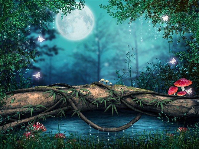 神秘梦幻唯美童话仙境森林树木蘑菇月亮萤火...