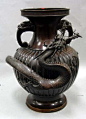 Large Japanese bronze vase with fine dragon and foo dog handles ...