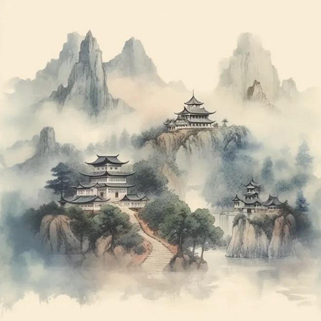 意境国画中式中国风水墨山水风景插画