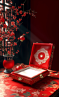 Vintage red red gold chinese new year card stock photos, images, in the style of carl kleiner, realistic still lifes with dramatic lighting, 32k uhd, ambient occlusion, daz3d, album, folio and fan formats, low poly