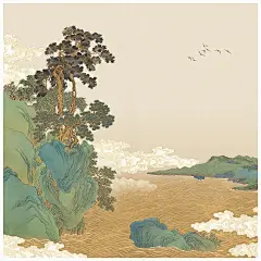 新中式插画 板绘青绿山水