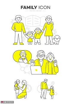 病毒口罩电脑视频亲人狗狗温馨家庭插画 人物插画 温馨家庭