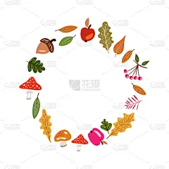 暖色的秋季元素组成了一个由树叶、蘑菇、橡子组成的花环。矢量设计秋天卡片，海报，标志，印刷等。