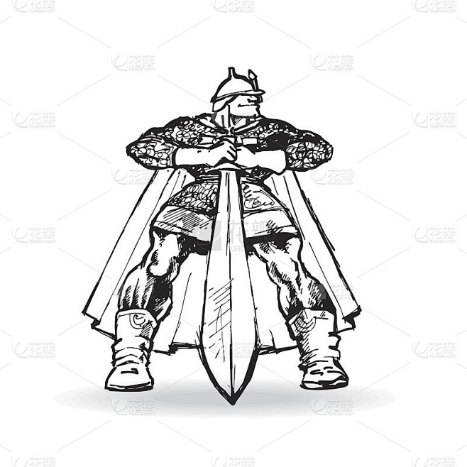 战士与剑站立。