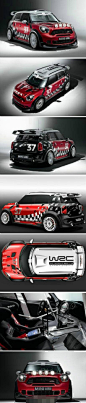 [] MINI Countryman WRC赛车—在MINI Countryman基础上，MINI WRC赛车除了多了宽车体组件、尾翼和车顶通风口外，还在前盖上加装了四盏前照灯，象征着经典的蒙特卡罗夜赛。当然，部分细节会随着分站的不同而作相应调整。MINI WRC赛车身披红色涂装。