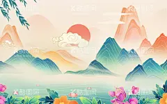 中国风山水画  - 源文件下载【酷图网】中国风,山水画,创意,手绘,背景,国潮,荷花