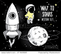 cute hand drawn elements for cosmic design: planets, constellations, astronauts floating in space and rocket, vector illustration