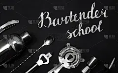 调酒师课程海报上的文字。酒保教育平铺。