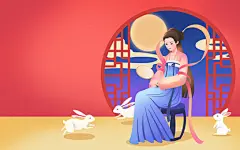国庆国庆节中秋中秋节古风中秋嫦娥玉兔窗框月亮原创插画素