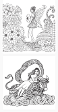黑白线描线条动物少女植物海洋生物元素风景素描插画AI矢量素材-淘宝网