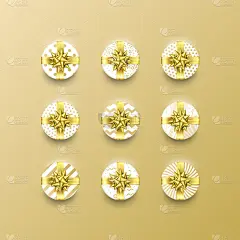 圣诞礼盒礼物在金色丝带蝴蝶结和包装纸点图案。矢量圣诞金箔礼盒设置孤立的黄金背景新年假期或生日贺卡