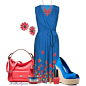 Romantic "rose border" dress from Long Tall Sally looks lovely with CeCe Lamour Heidi wedges in blue satin, bright coral Coach Legacy hobo, and coral-red and blue jewelry/accents.