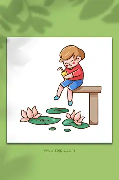 夏至节气池塘边喝汽水男孩夏季插画