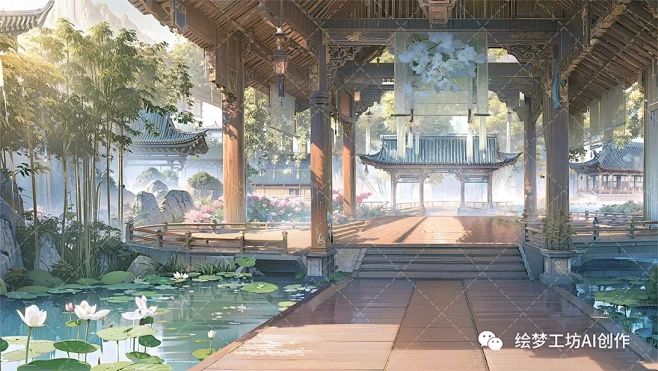 【绘梦工坊】AI绘画古风室外场景《逸庭》-花瓣网