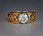 Art Nouveau Diamond Solitaire 14K Gold Men's Ring..: 