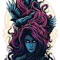 Detail of an illustration by Dan Mumford, of a psychedelic woman with birds in her hair
