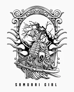 武士女孩矢量设计插图，使用简单颜色