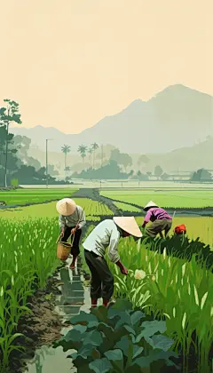 田野农民种植农耕24节气芒种人物插画