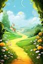 a yellow road to a forest with flowers and butterflies, in the style of light emerald and white, animated gifs, airbrush art, childlike innocence and charm, ferrania p30, windows vista, cute cartoonish designs