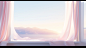 window, white curtains and pink cloth in front of sunrise ilha de mar atena 3d rendering, in the style of mountainous vistas, pastel color palette, flattened perspective, romantic illustrations, minimalist color palette, tabletop photography, realistic hy