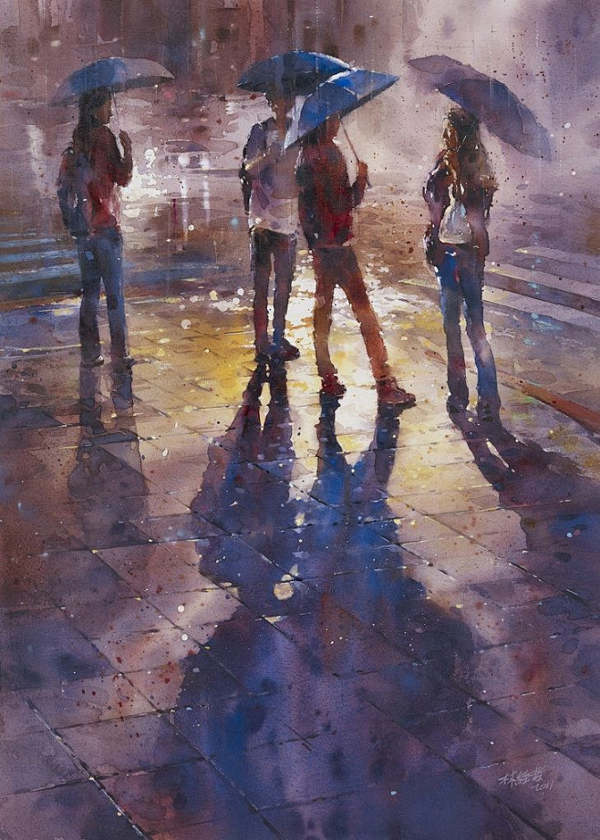 朦胧的城市雨景：台湾林经哲水彩画作品 -...
