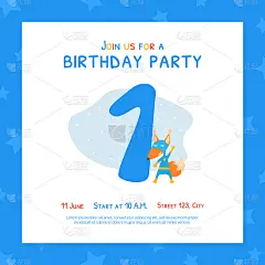 快乐的第一个生日邀请卡模板，生日纪念日数字与可爱的狐狸超级英雄动物卡通矢量插图