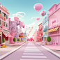 3D store street scene c4d cartoon playground e-commerce activities promotional background, light pink-based, dreamy, OC rendering, HD, image size 1920:1080