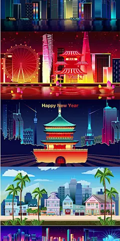 29款现代古典城市建筑夜景建筑剪影AI矢量海报插画素材模板S174-淘宝网
