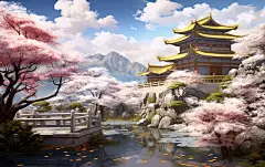 蓝天白云古风建筑3d古风建筑植物树木