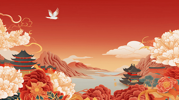 古风国风红色背景国潮山水仙鹤祥云寺庙风景...