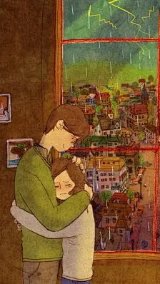 韩国插画师puuung的暖心爱情故事插画 壁纸 비오는 날 (Rainy day)The lightening sound is so daunting! A weather like today is terrifying.