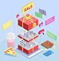 Shopping e-commerce isometric concept with image of sliced gift box with human characters and goods vector illustration