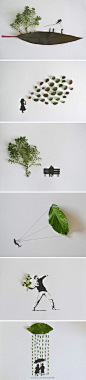 马来西亚设计师 Tang Chiew Ling用树叶+手绘拼贴出的创意作品。 #创意#
