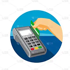 复古风格插画手刷信用卡在销售点上的 Pos 终端设置在孤立的背景圈内.