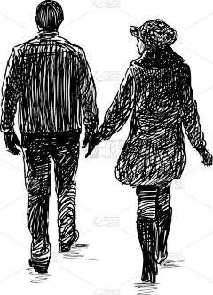 一对,草图,男人,婚姻,背面视角,图像,女人,休闲装,散步,相伴