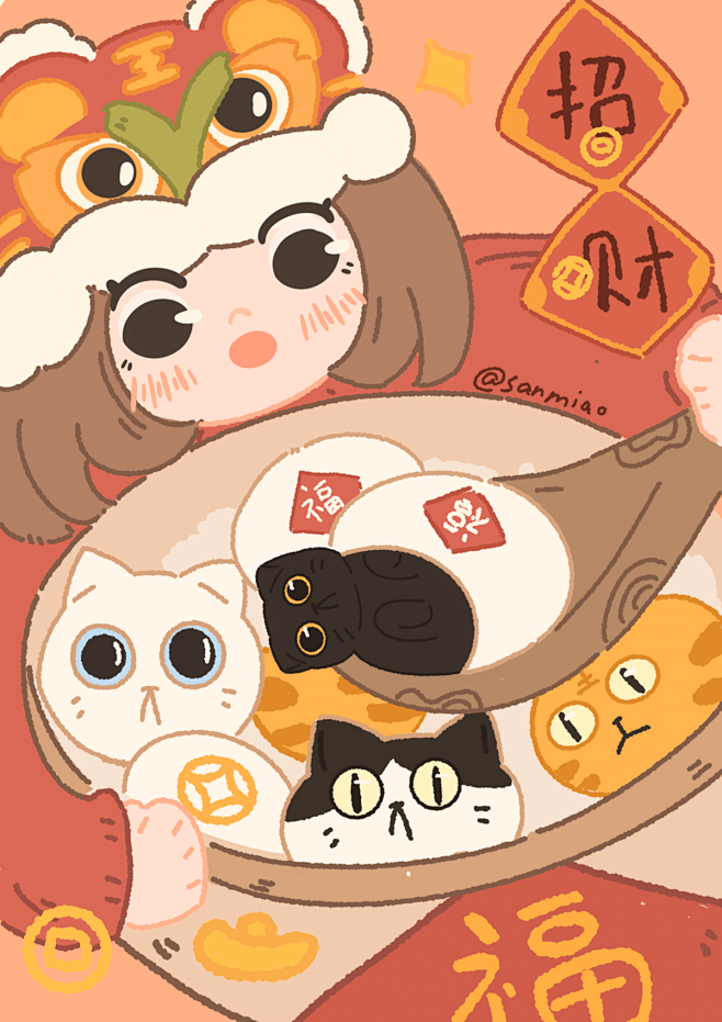 新年团团圆圆_三喵团__插画师作品_涂鸦...