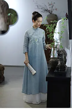苎麻手绘 设计师原创中式禅意长袍长裙-淘宝网
