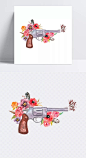 唯美手绘花朵与枪把装饰图案|彩带,菊花,玫瑰,牡丹,枪,蔷薇,左轮枪