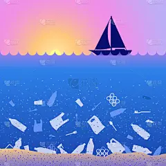 阻止海洋塑料污染。生态的海报。日落，日出，船和垃圾。对比。蓝色背景的水中有塑料垃圾、袋子、瓶子。塑料