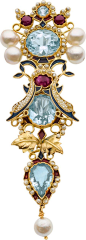 MULTI-STONE, ENAMEL, GOLD BROOCH, The brooch features two oval- shaped topaz measuring 11.73 x 9.89 x 5.74 mm and weighing a total of approximately 9.50 carats, enhanced by pear shaped topaz measuring 11.52 x 7.70 x 4.18 mm and weighing approximately 2.36