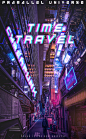 该作品是我创想的一名时间旅客，他从未来而来，到未来去，空间颠倒，时空交错，
以赛博朋克的风格做出时间旅客ONE和TWO，又分别用红蓝和绿蓝为色调做了两张RED 和GREEN，
在旅客的前方就是另一个平行世界。