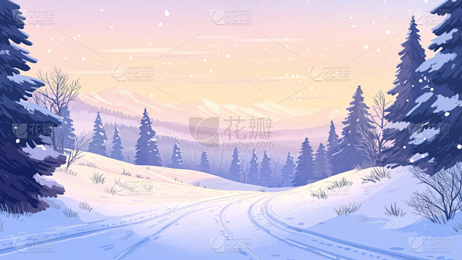 冬天通用漫画风插画雪道背景