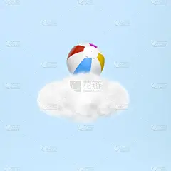 沙滩球上的云彩上天空淡蓝色的背景3d渲染。3d插图夏季和雨季贺卡模板最小的概念。