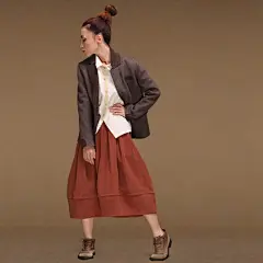 原创设计品牌女装 原时 肌理感棉麻砖红色花苞裙 春秋长裙 苇秀 新款 2013