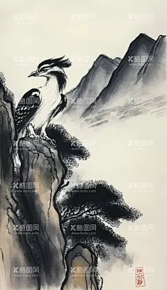 国画山鹰图  - 源文件下载【酷图网】国画,奇石,山崖,山鹰,老鹰,水墨画,苍松,鹰,鸟,中国风,高清壁纸,手机壁纸,PNG,