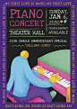 彩色音乐会海报模板矢量与钢琴家音乐家平面图形