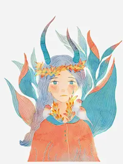 唯美插画免抠素材_新图网 https://ixintu.com 女孩 彩色 水草 装饰