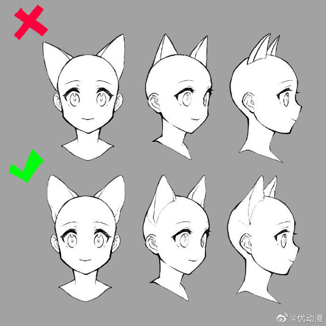猫耳画法的✔&✘
·注意耳根的位置
·注...