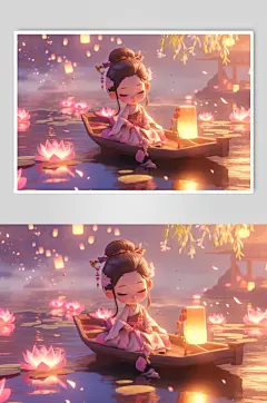 数字艺术中元节清明节放河灯古风人物插画